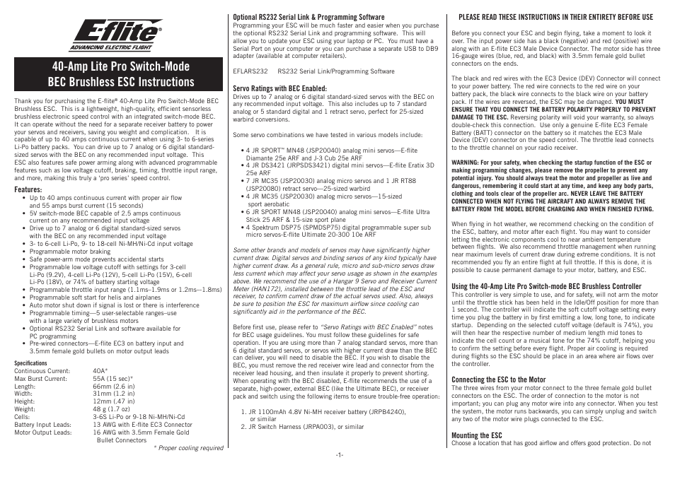 E-flite 40-Amp Lite Pro Switch-Mode BEC Brushless ESC User Manual | 4 pages