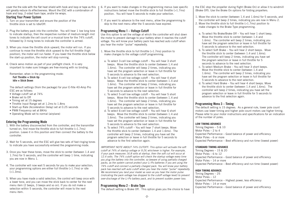 E-flite 40-Amp Lite Pro Switch-Mode BEC Brushless ESC User Manual | Page 2 / 4
