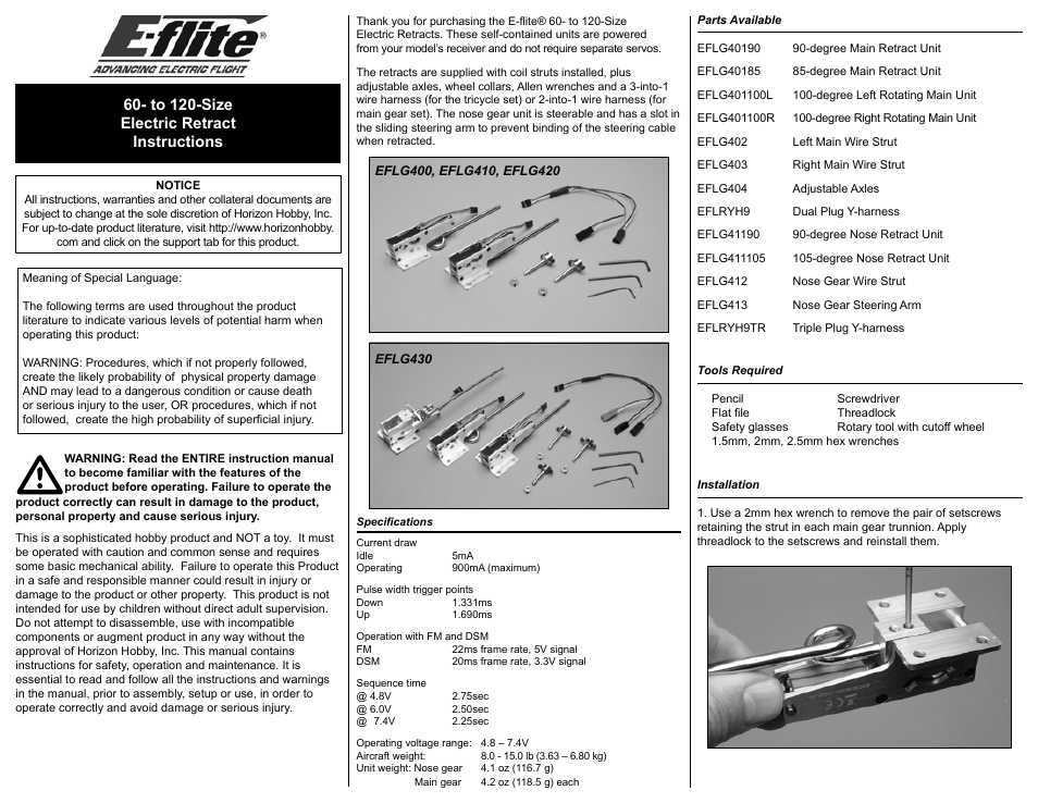 E-flite 60 - 120 85-Degree Main Electric Retracts User Manual | 4 pages