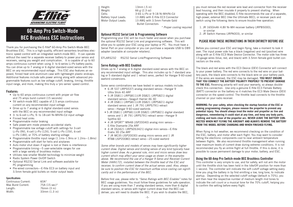 E-flite 60-Amp Pro Switch-Mode BEC Brushless ESC User Manual | 4 pages