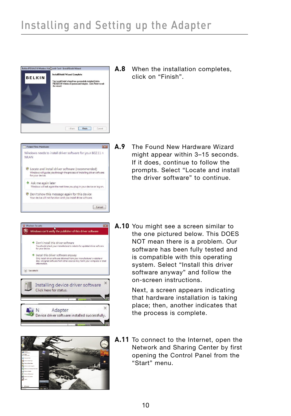 Installing and setting up the adapter | Belkin F5D8073 User Manual | Page 12 / 44