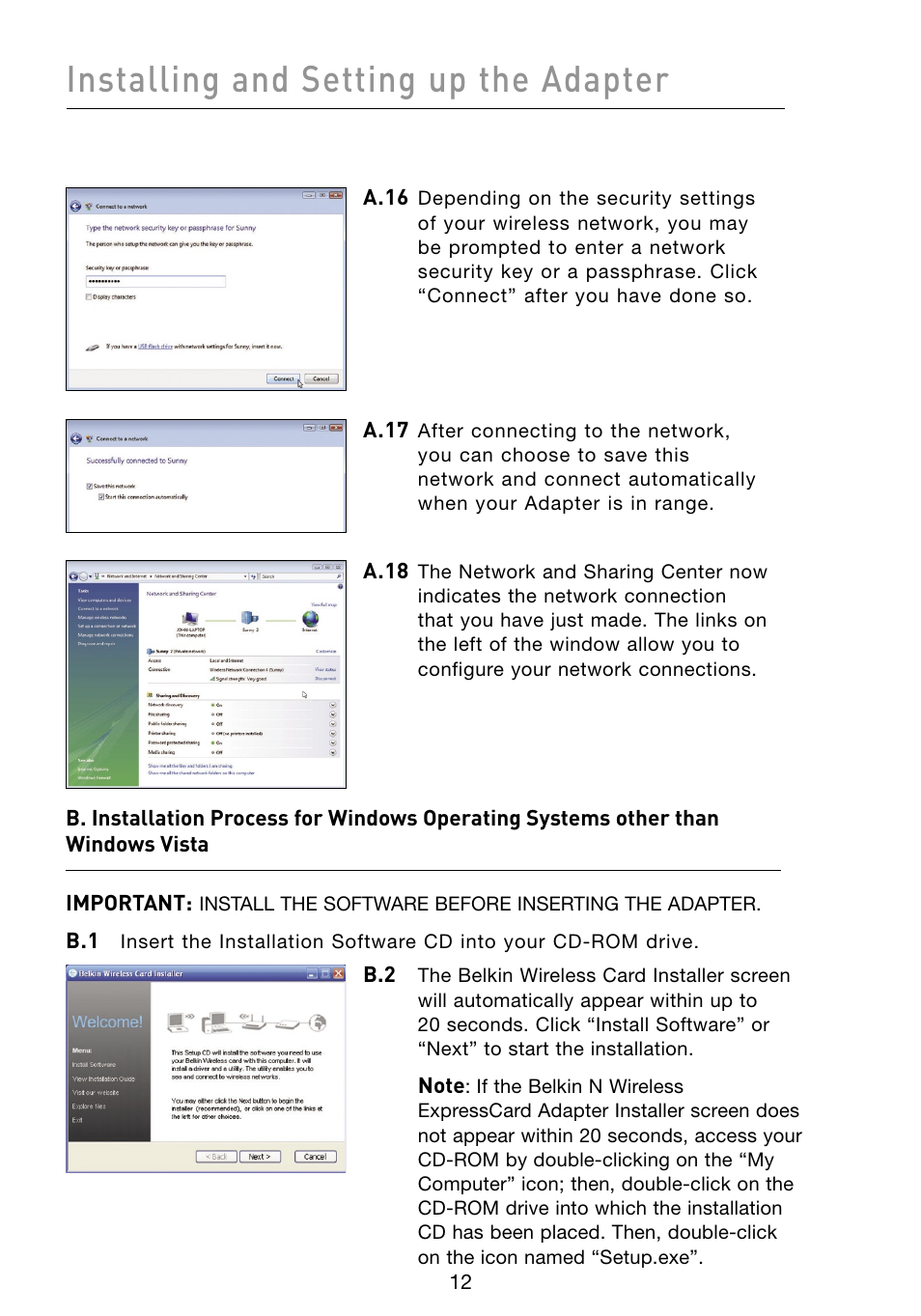 Installing and setting up the adapter | Belkin F5D8073 User Manual | Page 14 / 44