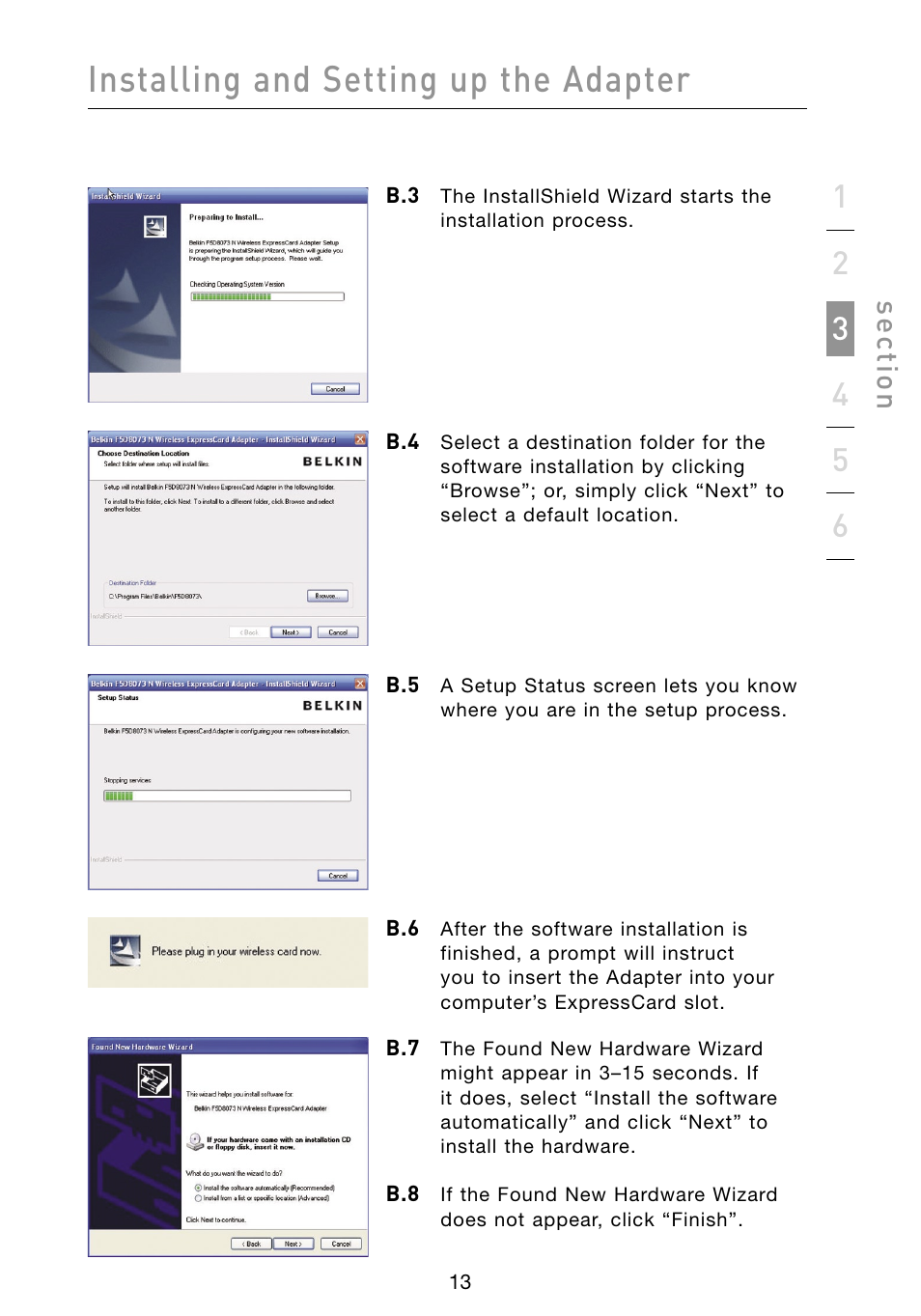 Installing and setting up the adapter, Se ct io n | Belkin F5D8073 User Manual | Page 15 / 44