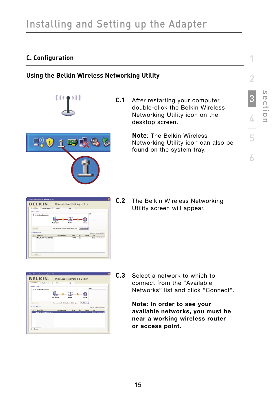 Installing and setting up the adapter, Se ct io n | Belkin F5D8073 User Manual | Page 17 / 44