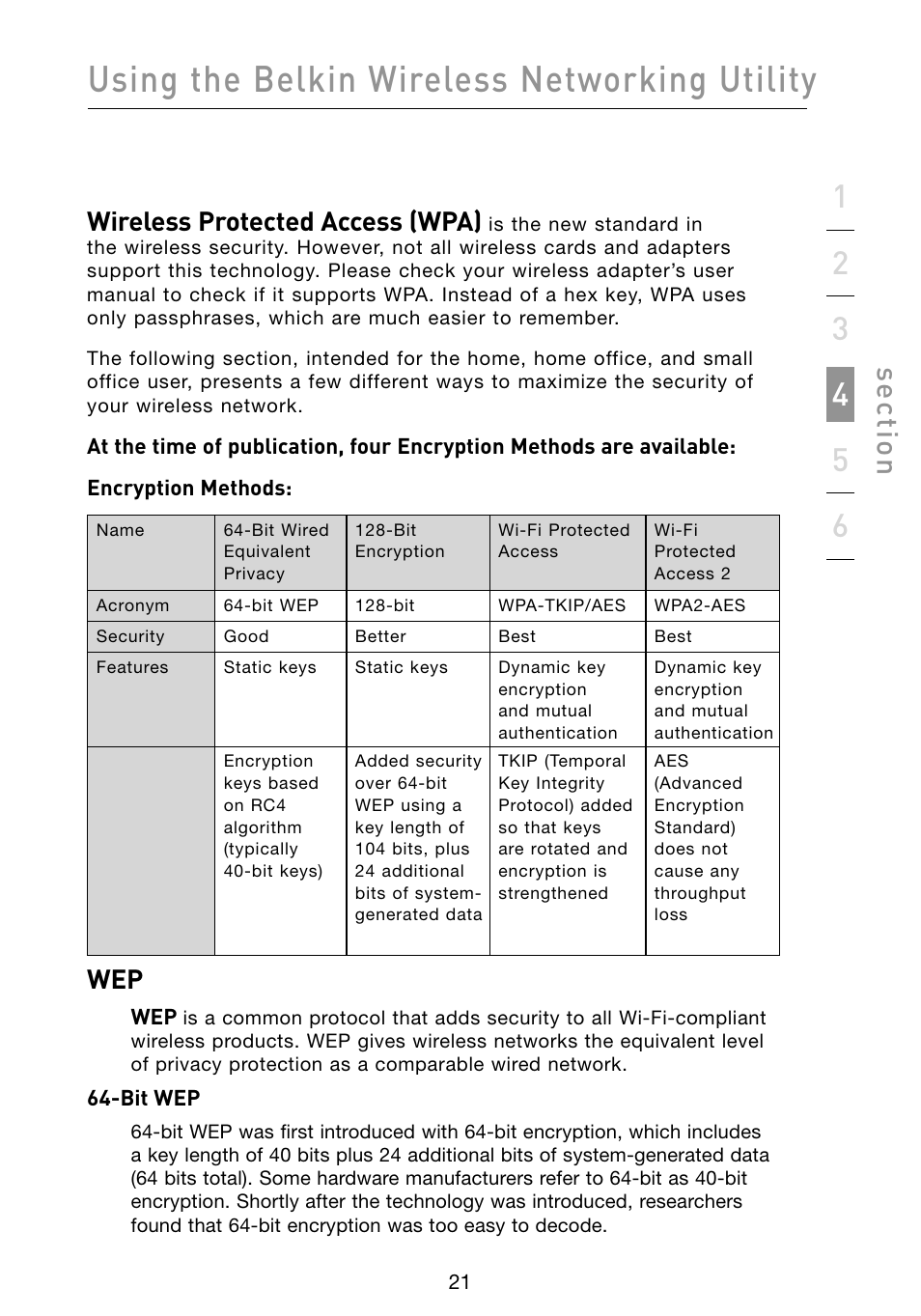 Using the belkin wireless networking utility, Se ct io n, Wireless protected access (wpa) | Belkin F5D8073 User Manual | Page 23 / 44