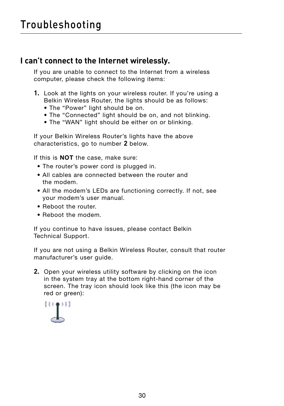 Troubleshooting, I can’t connect to the internet wirelessly | Belkin F5D8073 User Manual | Page 32 / 44