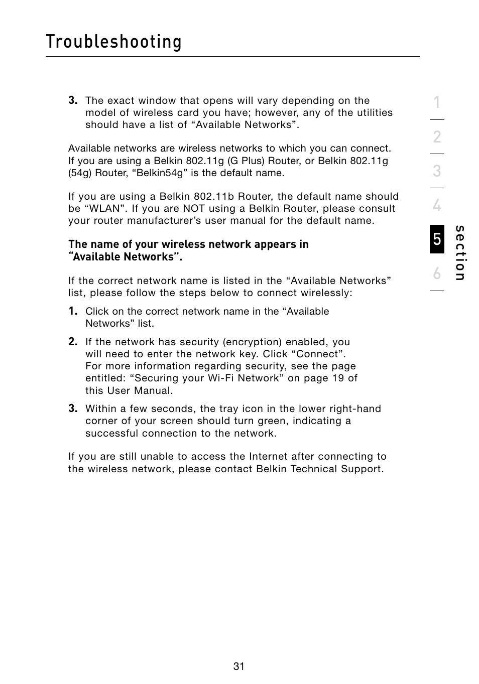 Troubleshooting, Se ct io n | Belkin F5D8073 User Manual | Page 33 / 44