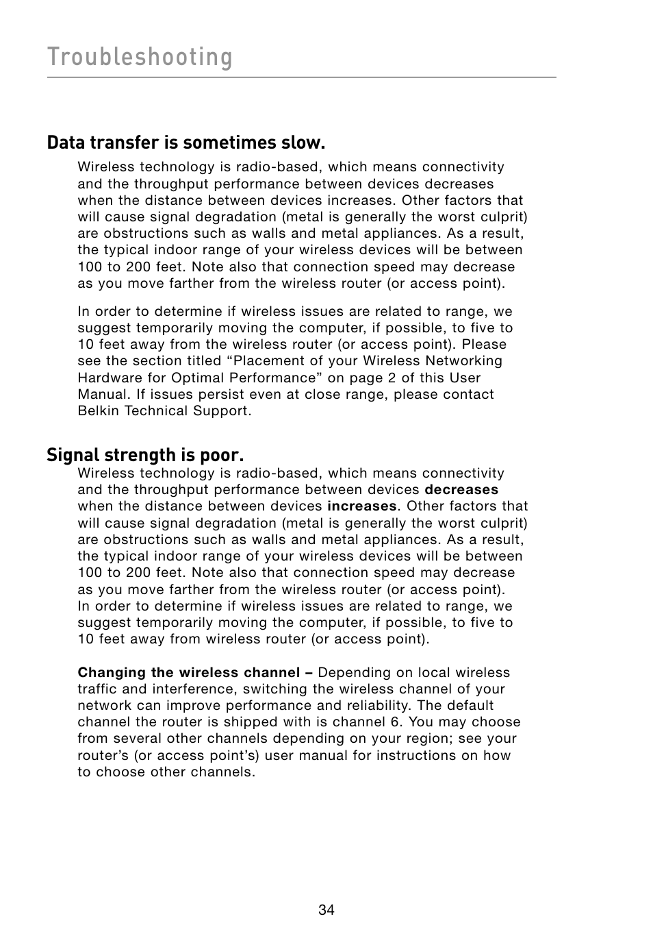 Troubleshooting, Data transfer is sometimes slow, Signal strength is poor | Belkin F5D8073 User Manual | Page 36 / 44