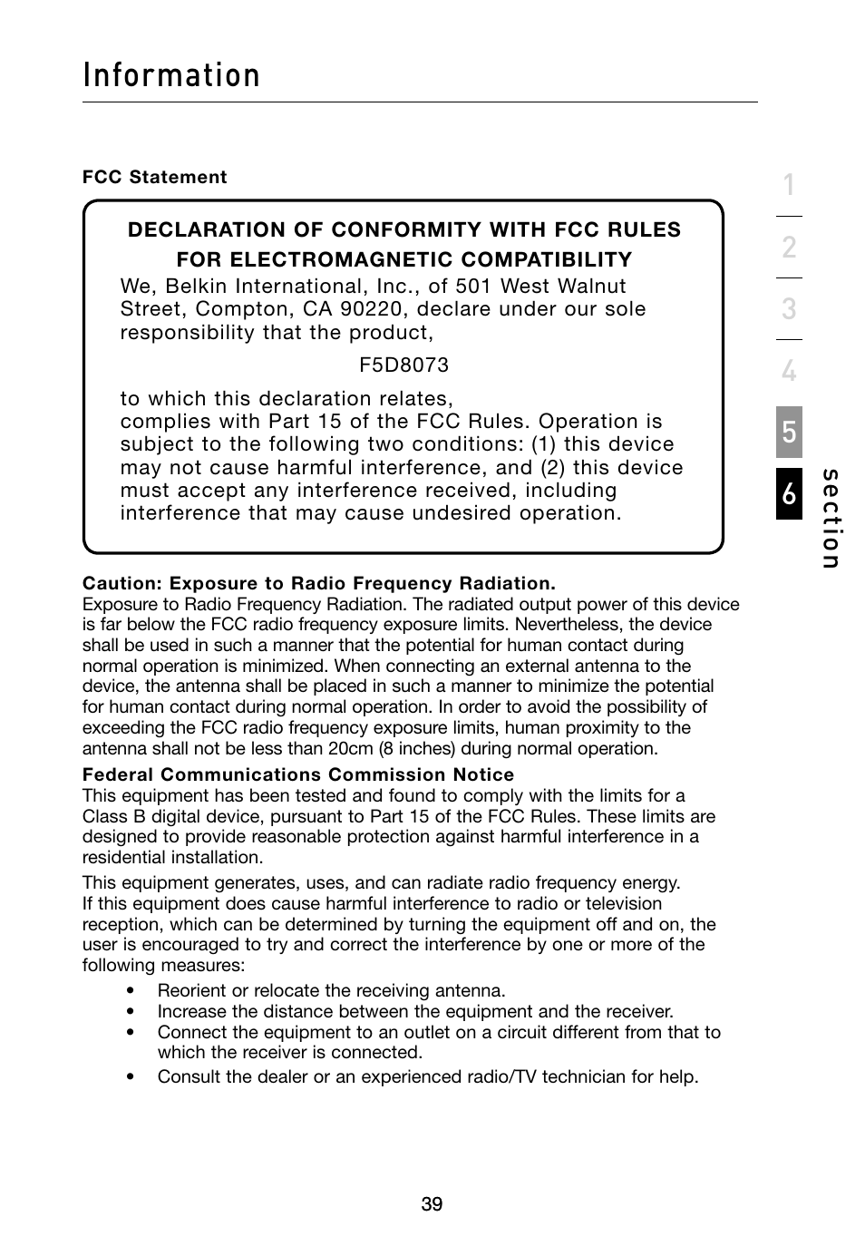 Information, Se ct io n | Belkin F5D8073 User Manual | Page 41 / 44