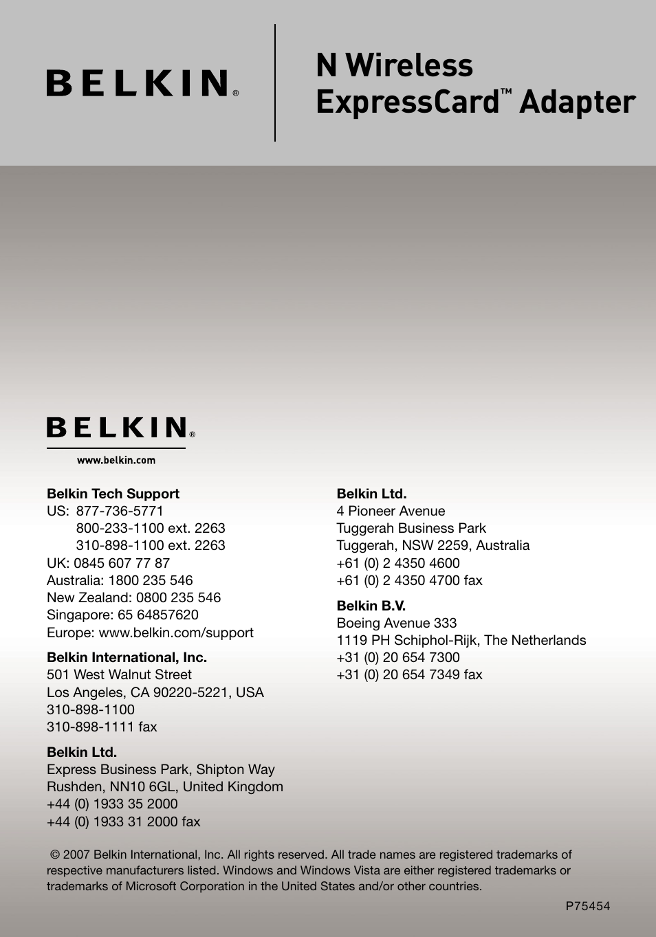 N wireless expresscard, Adapter | Belkin F5D8073 User Manual | Page 44 / 44