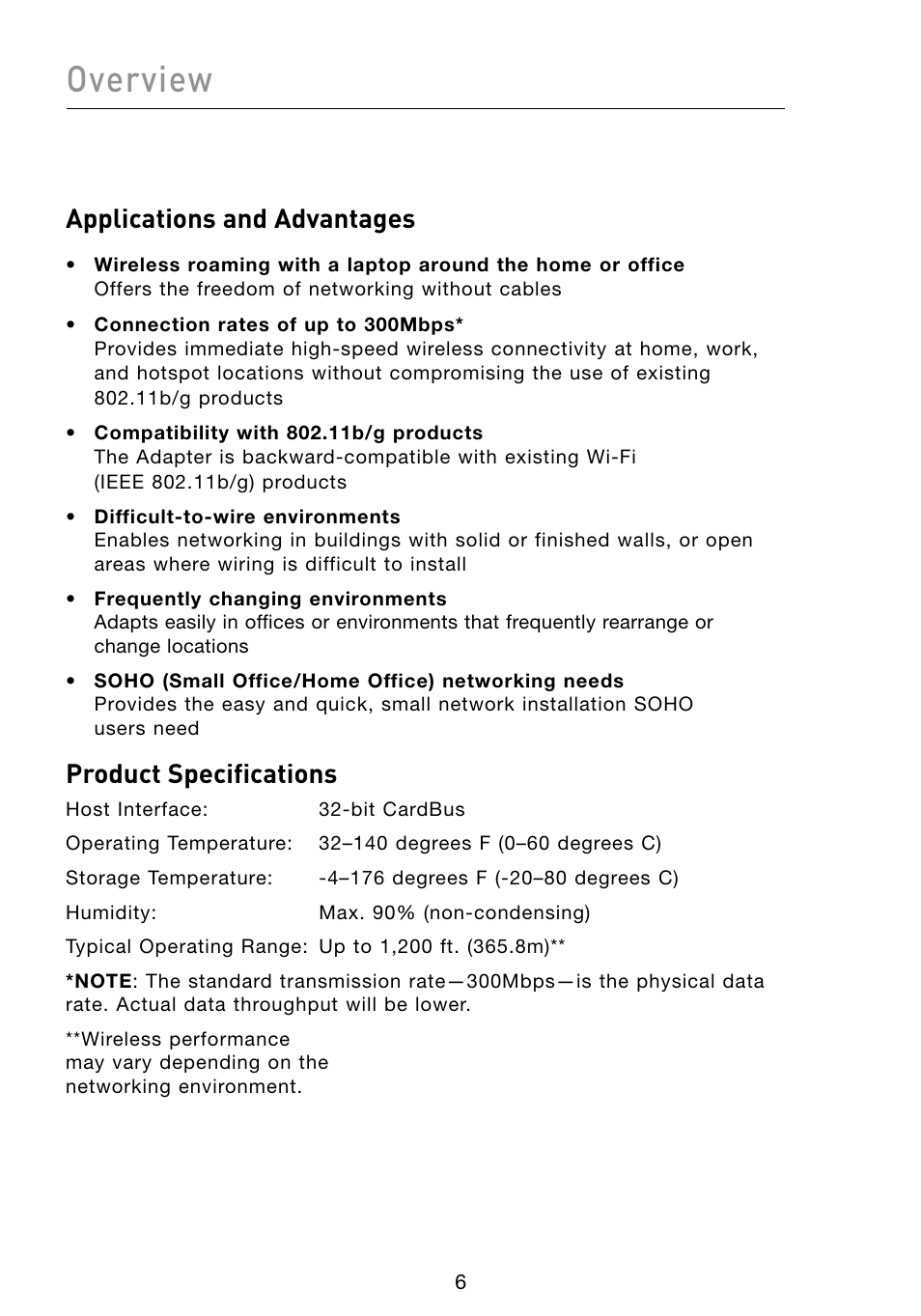 Overview, Applications and advantages, Product specifications | Belkin F5D8073 User Manual | Page 8 / 44