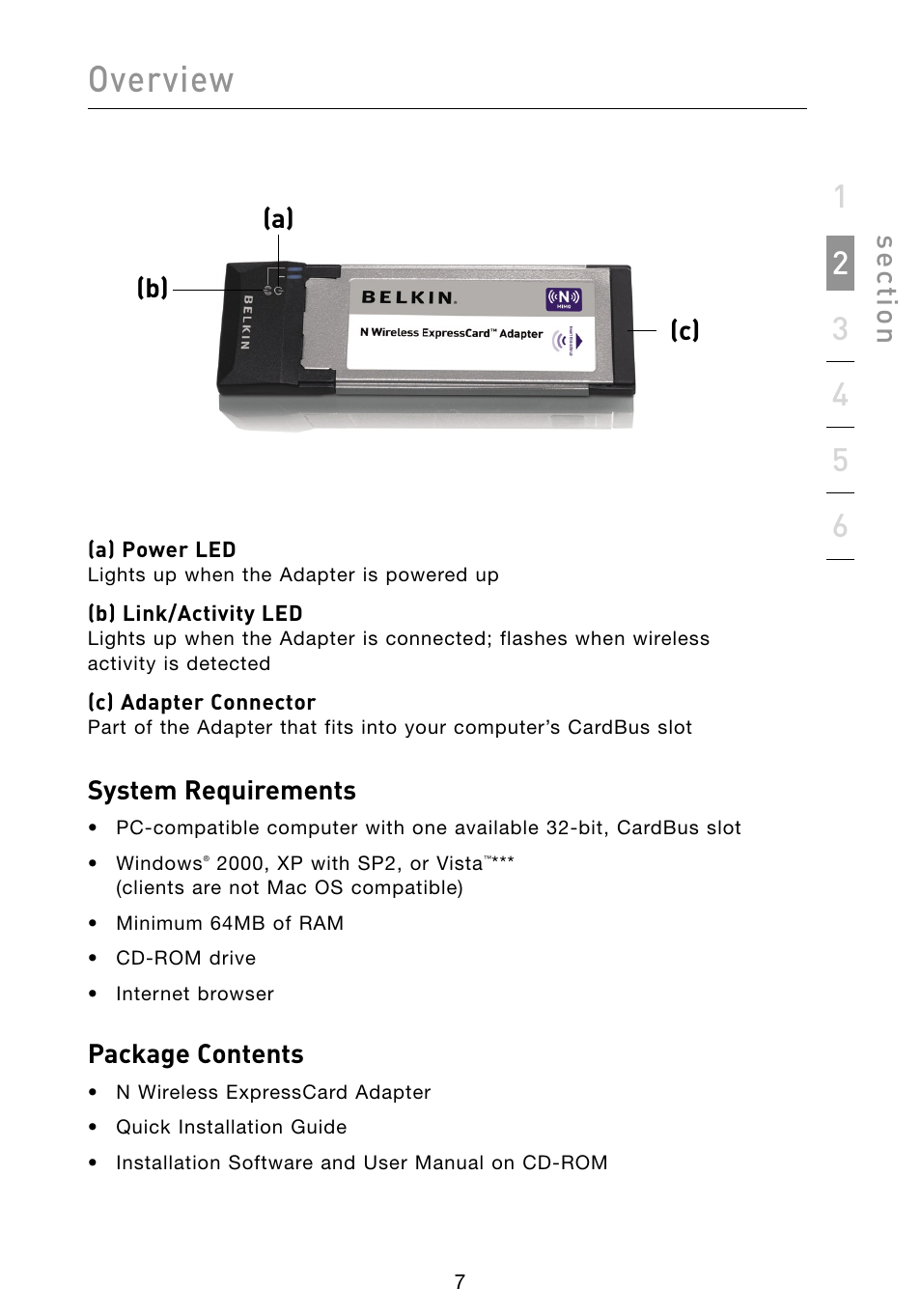 Overview, Se ct io n | Belkin F5D8073 User Manual | Page 9 / 44