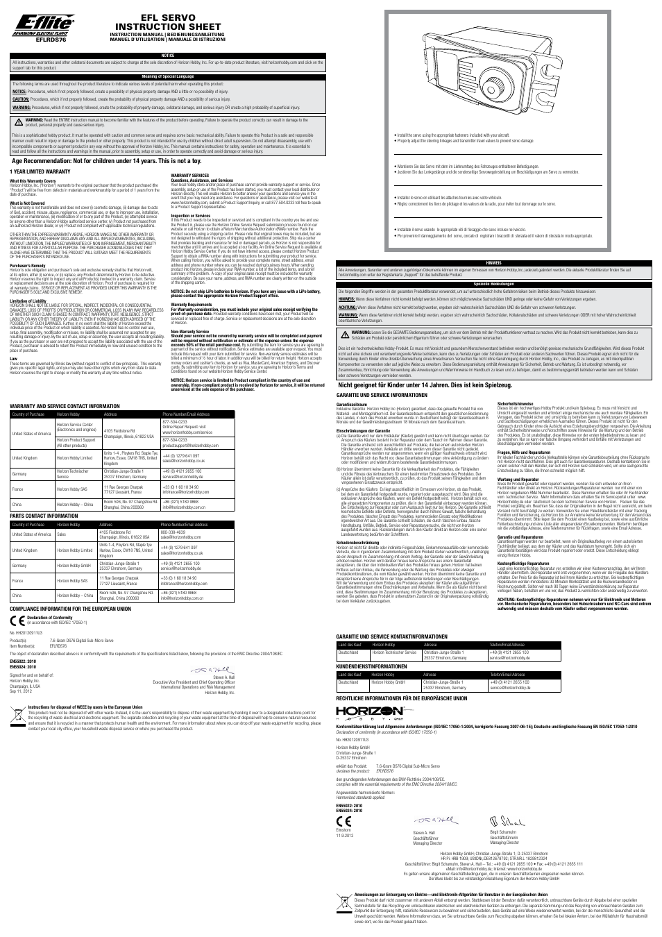 E-flite 7.6-Gram DS76 Digital Sub-Micro Servo User Manual | 2 pages