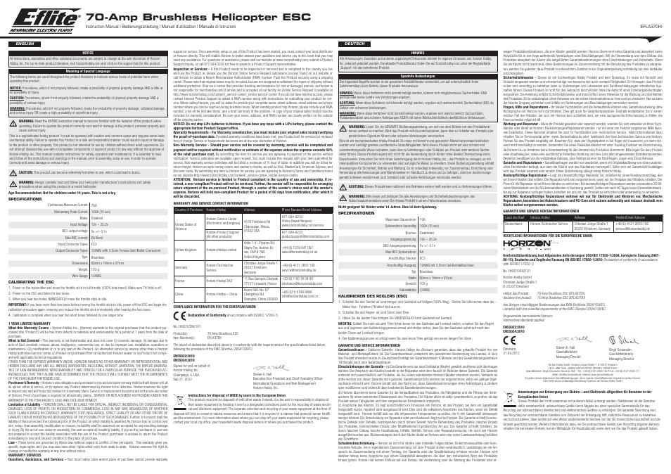 E-flite 70-Amp Helicopter Brushless ESC: B500 3D/X User Manual | 2 pages