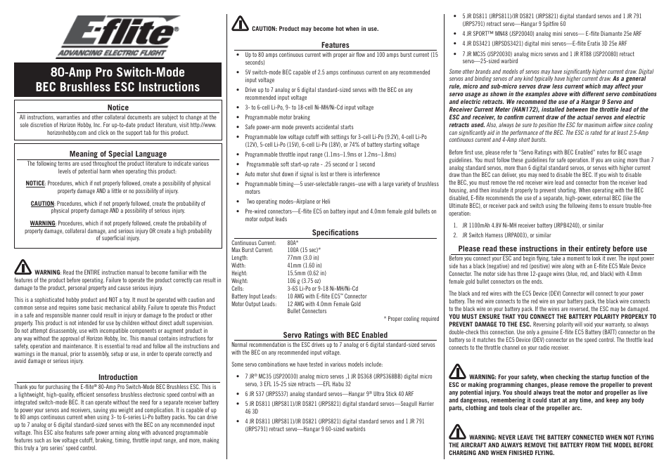 E-flite 80-Amp Pro Switch-Mode BEC Brushless ESC, EC5 User Manual | 4 pages