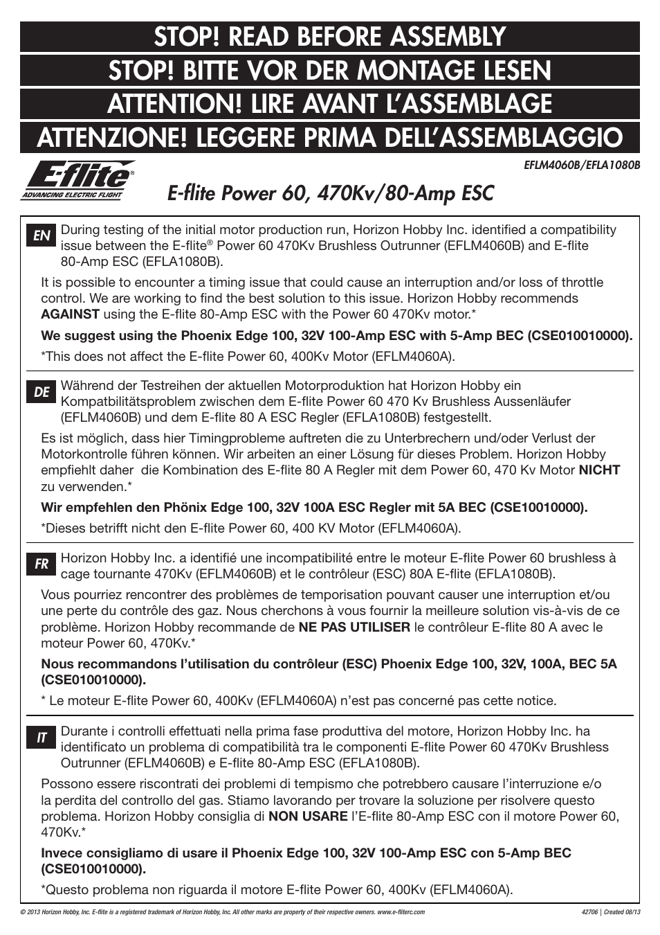 E-flite Power 60 Brushless Outrunner Motor, 470Kv Addendum User Manual | 1 page