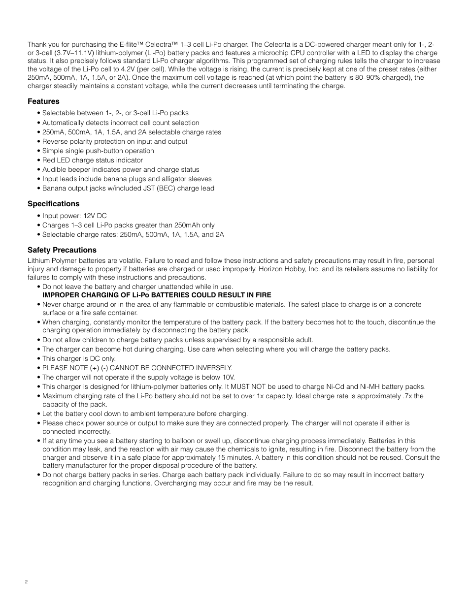 E-flite Celectra 1-3 Cell LiPo DC Charger User Manual | Page 2 / 4