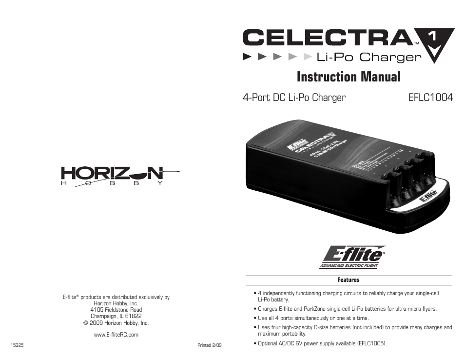 E-flite Celectra 4-Port 1S 3.7V 0.3A DC Li-Po Charger User Manual | 6 pages
