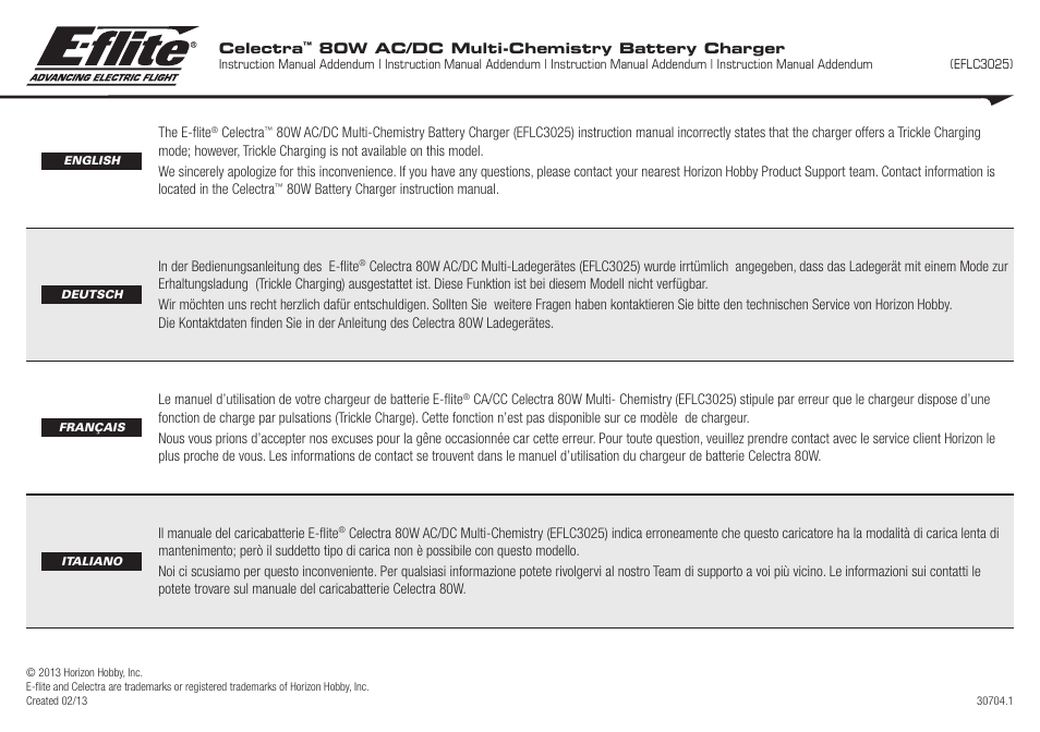 E-flite Celectra 80W AC/DC Multi-Chemistry Battery Charger Addendum User Manual | 1 page