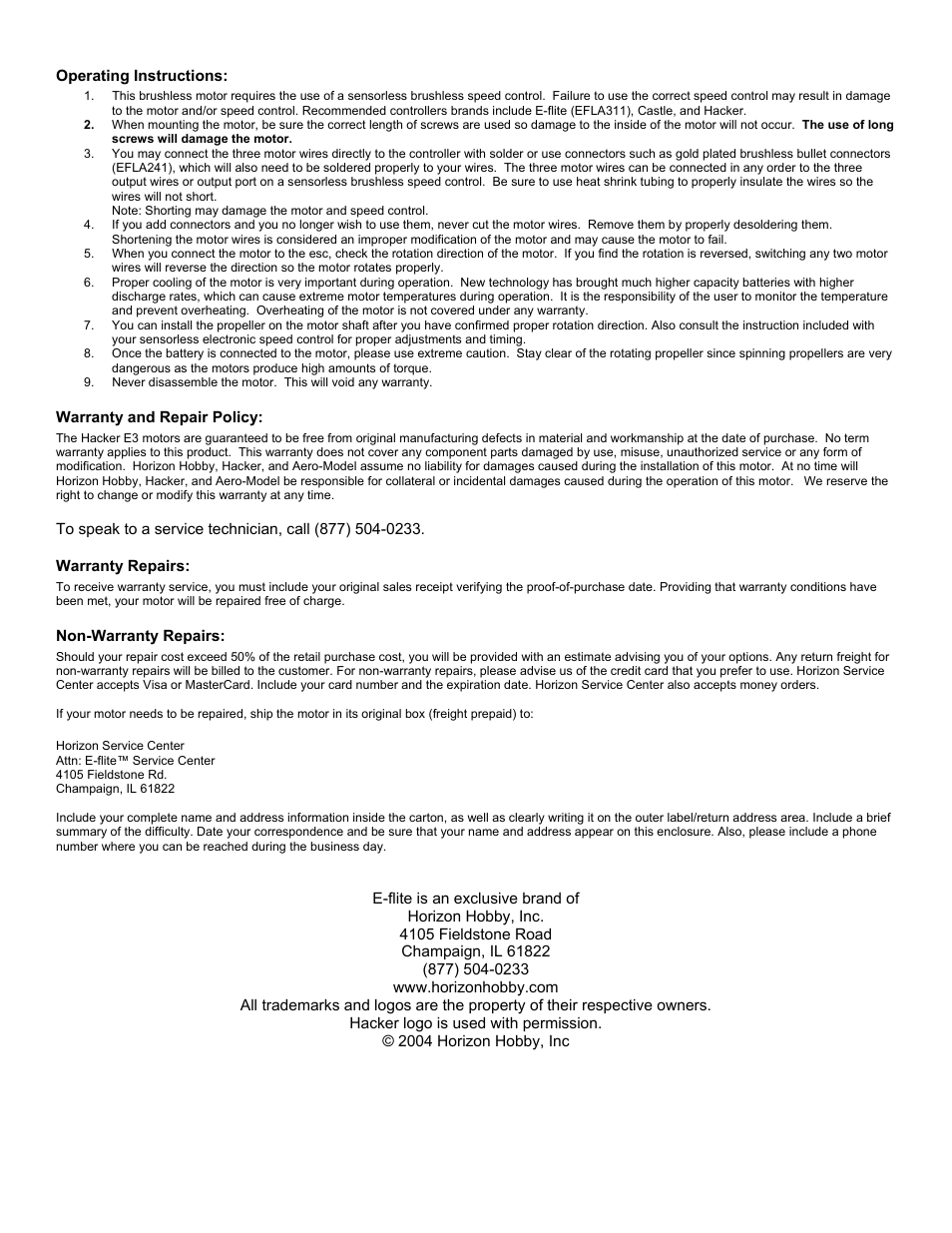 Operating instructions, Warranty and repair policy, Warranty repairs | Non-warranty repairs | E-flite Hacker E3-37 Brushless Inrunner Motor, 3700kV User Manual | Page 2 / 2