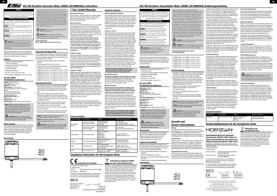 E-flite Heli 450 Brushless Outrunner Motor, 3600Kv User Manual | 2 pages