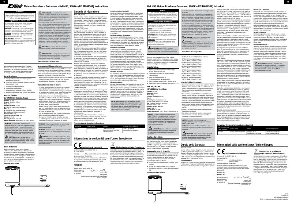 Garantie et réparations, Informations de conformité pour l’union européenne, Durata della garanzia | Informazioni sulla conformità per l’unione europea | E-flite Heli 450 Brushless Outrunner Motor, 3600Kv User Manual | Page 2 / 2