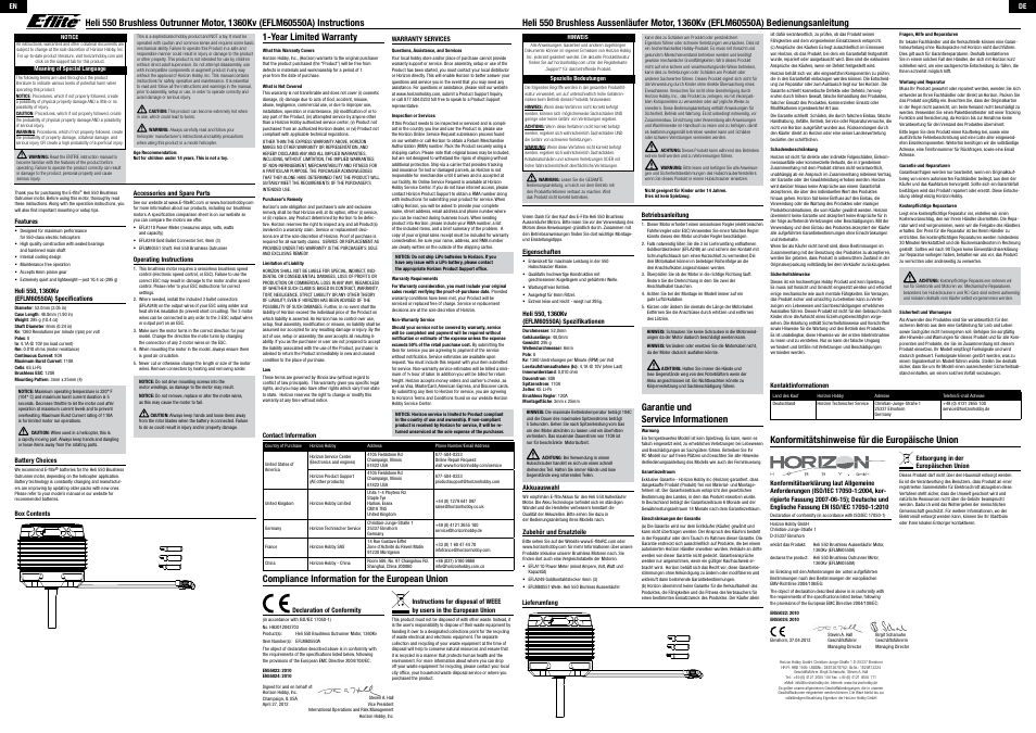 E-flite Heli 550 Brushless Outrunner Motor, 1360Kv User Manual | 2 pages
