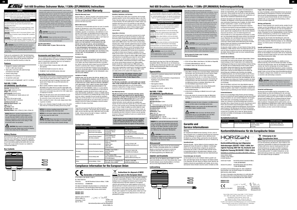 E-flite Heli 600 Brushless Outrunner Motor, 1130Kv User Manual | 2 pages
