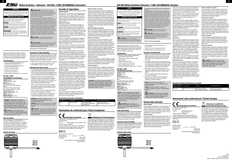 Garantie et réparations, Durata della garanzia, Informazioni sulla conformità per l’unione europea | Informations de conformité pour l’union européenne | E-flite Heli 600 Brushless Outrunner Motor, 1130Kv User Manual | Page 2 / 2