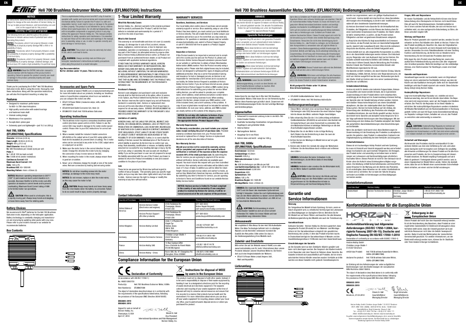 E-flite Heli 700 Brushless Outrunner Motor, 500Kv User Manual | 2 pages