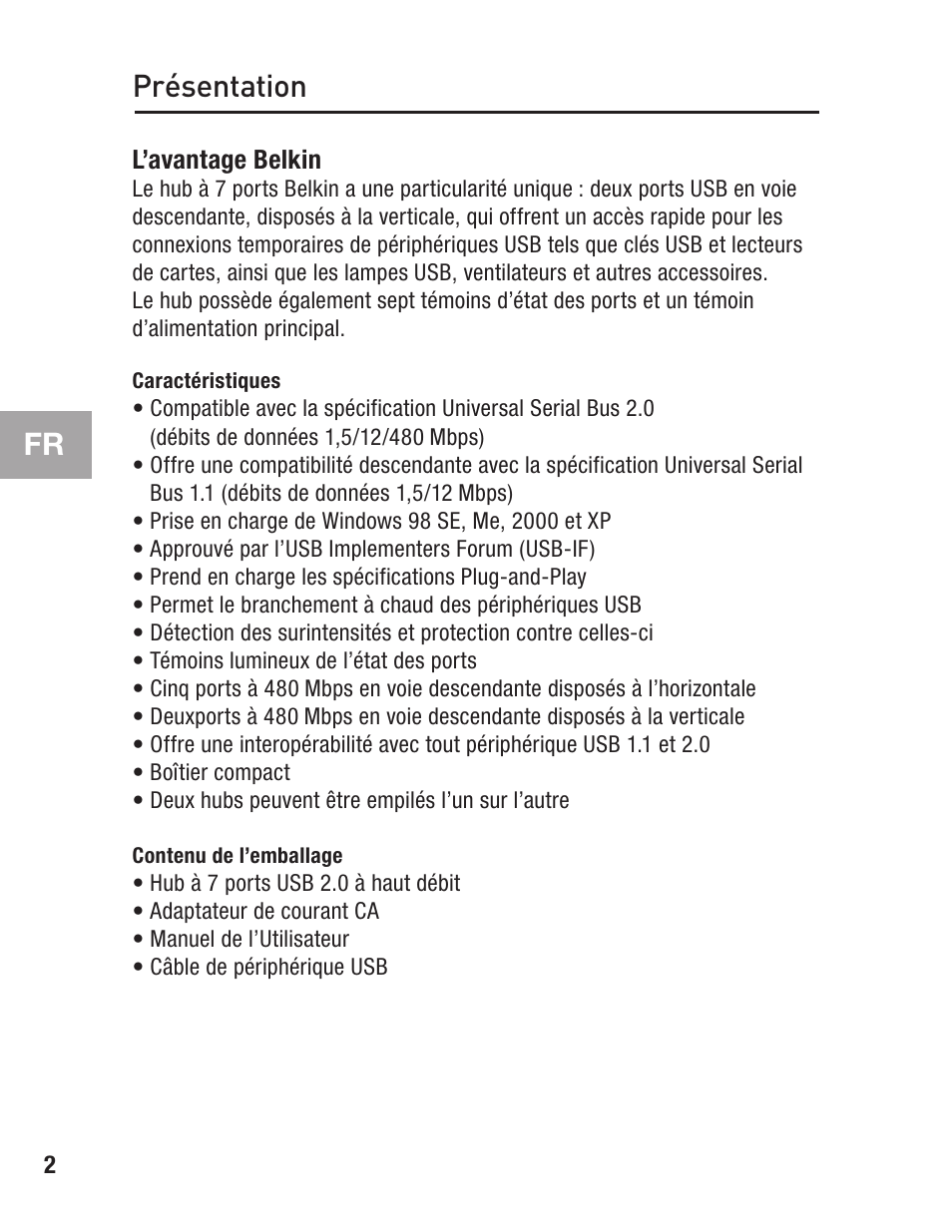 Présentation, Caractéristiques, Contenu de l’emballage | Belkin F5U237 User Manual | Page 14 / 52