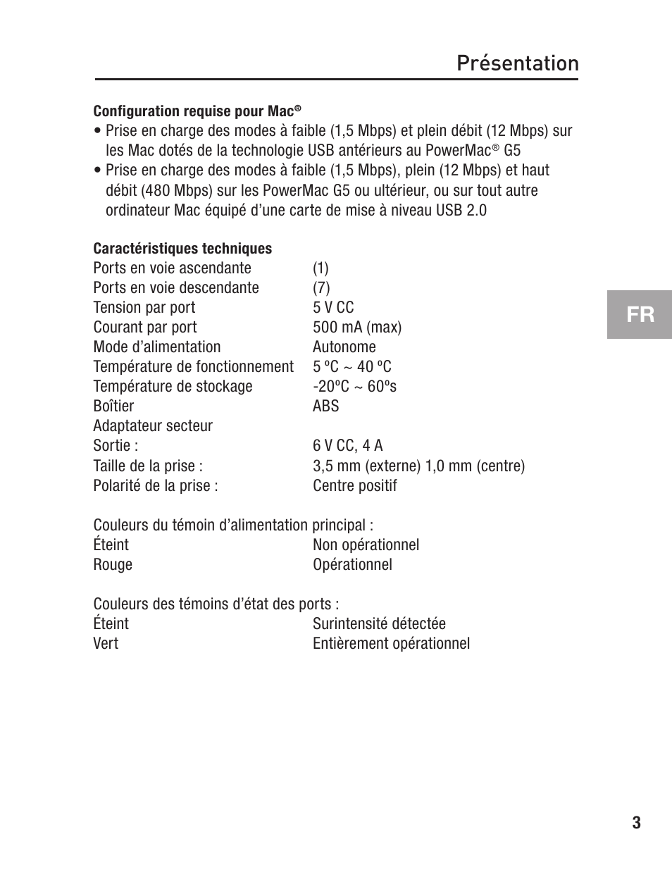 Configuration requise pour mac, Caractéristiques techniques, Présentation | Belkin F5U237 User Manual | Page 15 / 52