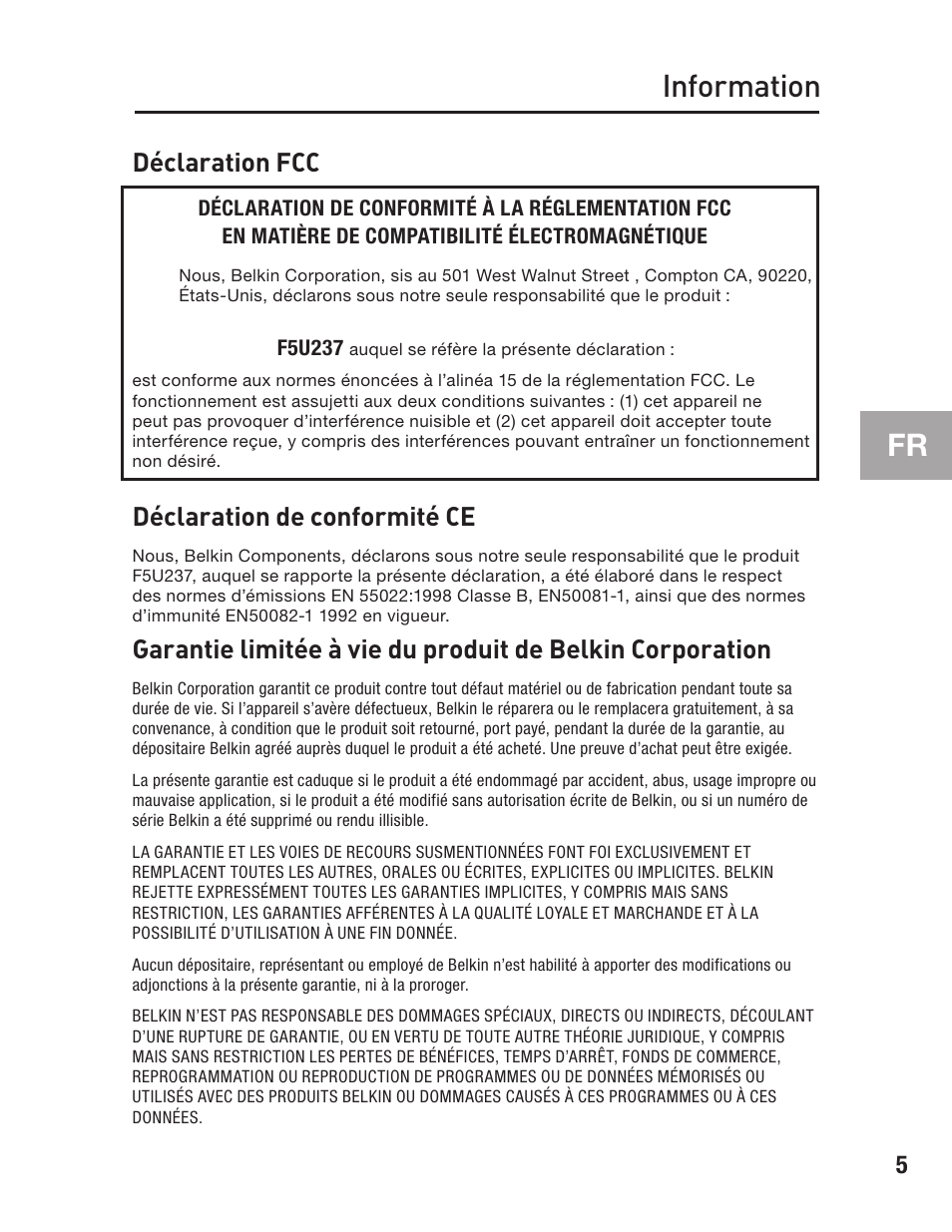 Information, Déclaration fcc, Déclaration de conformité ce | Belkin F5U237 User Manual | Page 17 / 52