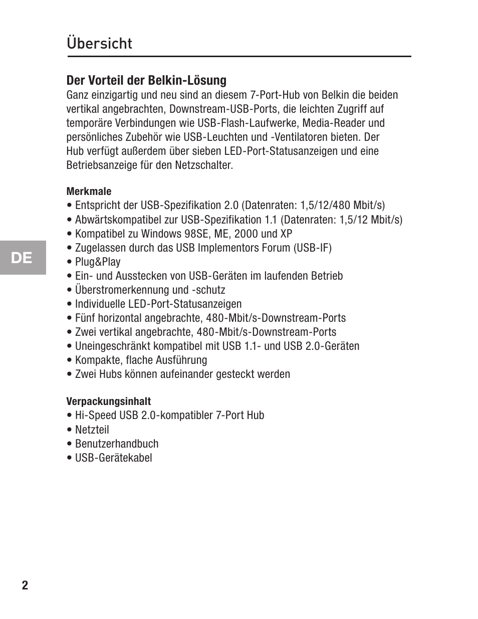 Übersicht, Merkmale, Verpackungsinhalt | Belkin F5U237 User Manual | Page 22 / 52