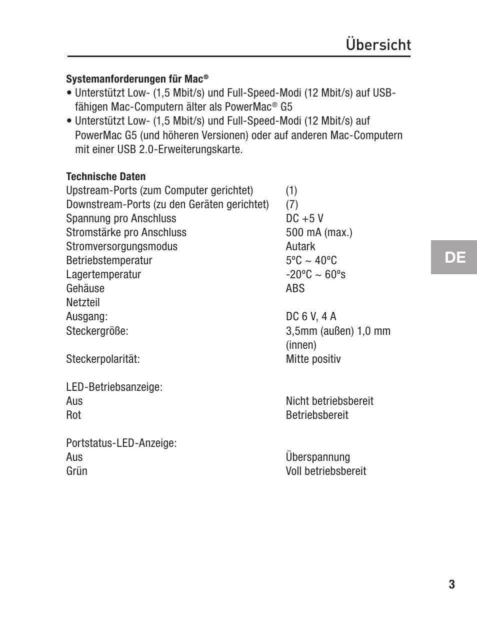 Systemanforderungen für mac, Technische daten, Übersicht | Belkin F5U237 User Manual | Page 23 / 52