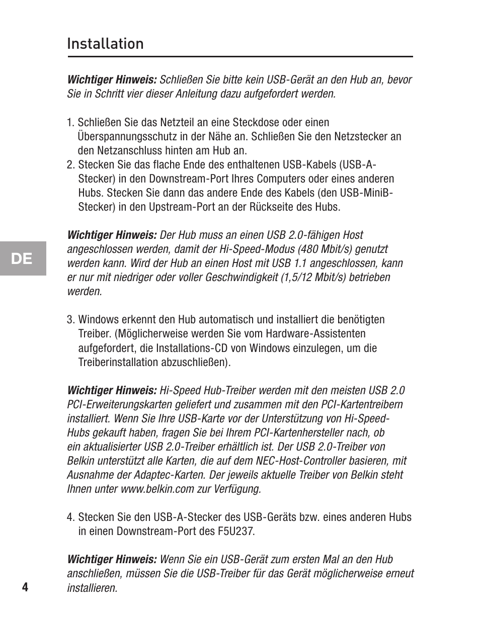 Installation | Belkin F5U237 User Manual | Page 24 / 52