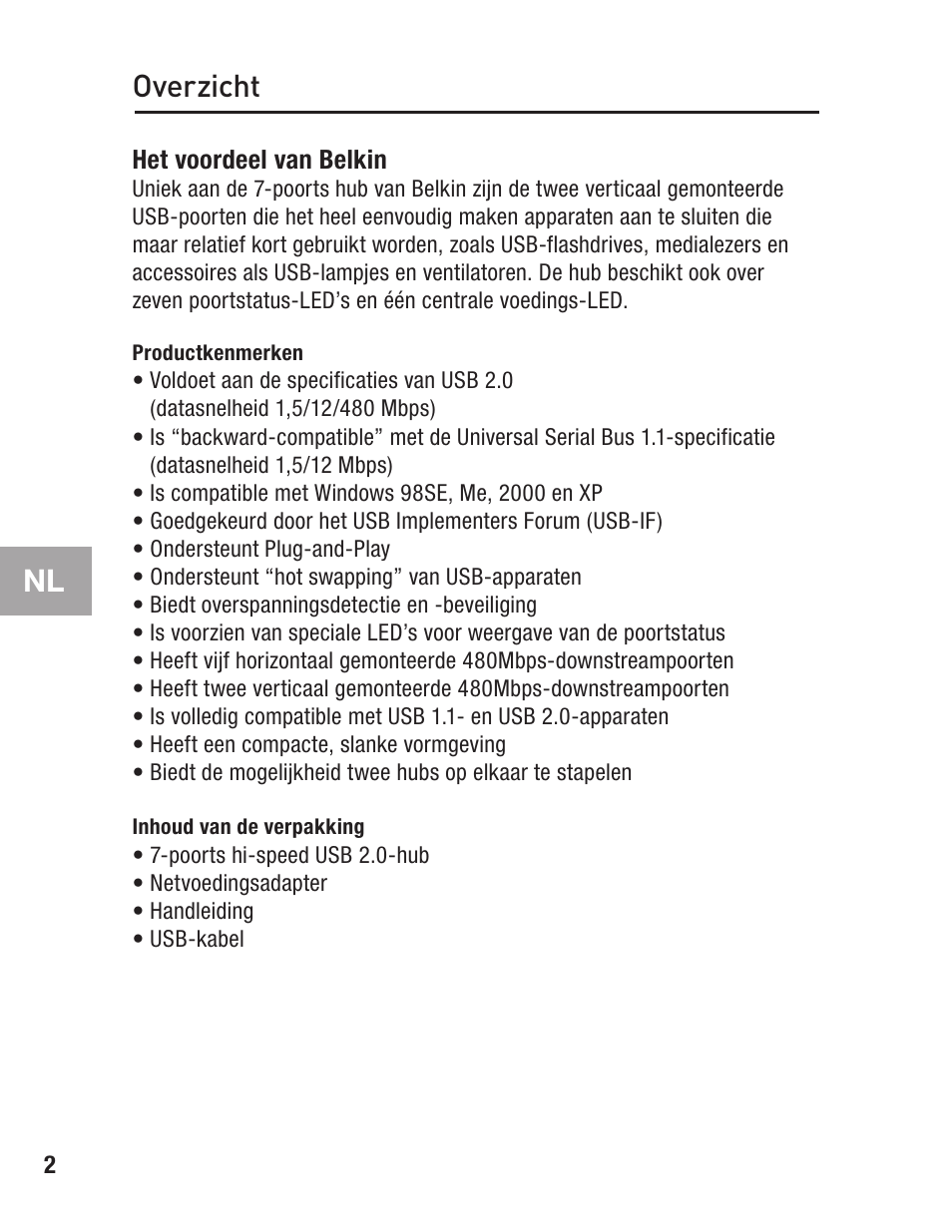 Overzicht, Productkenmerken, Inhoud van de verpakking | Belkin F5U237 User Manual | Page 30 / 52