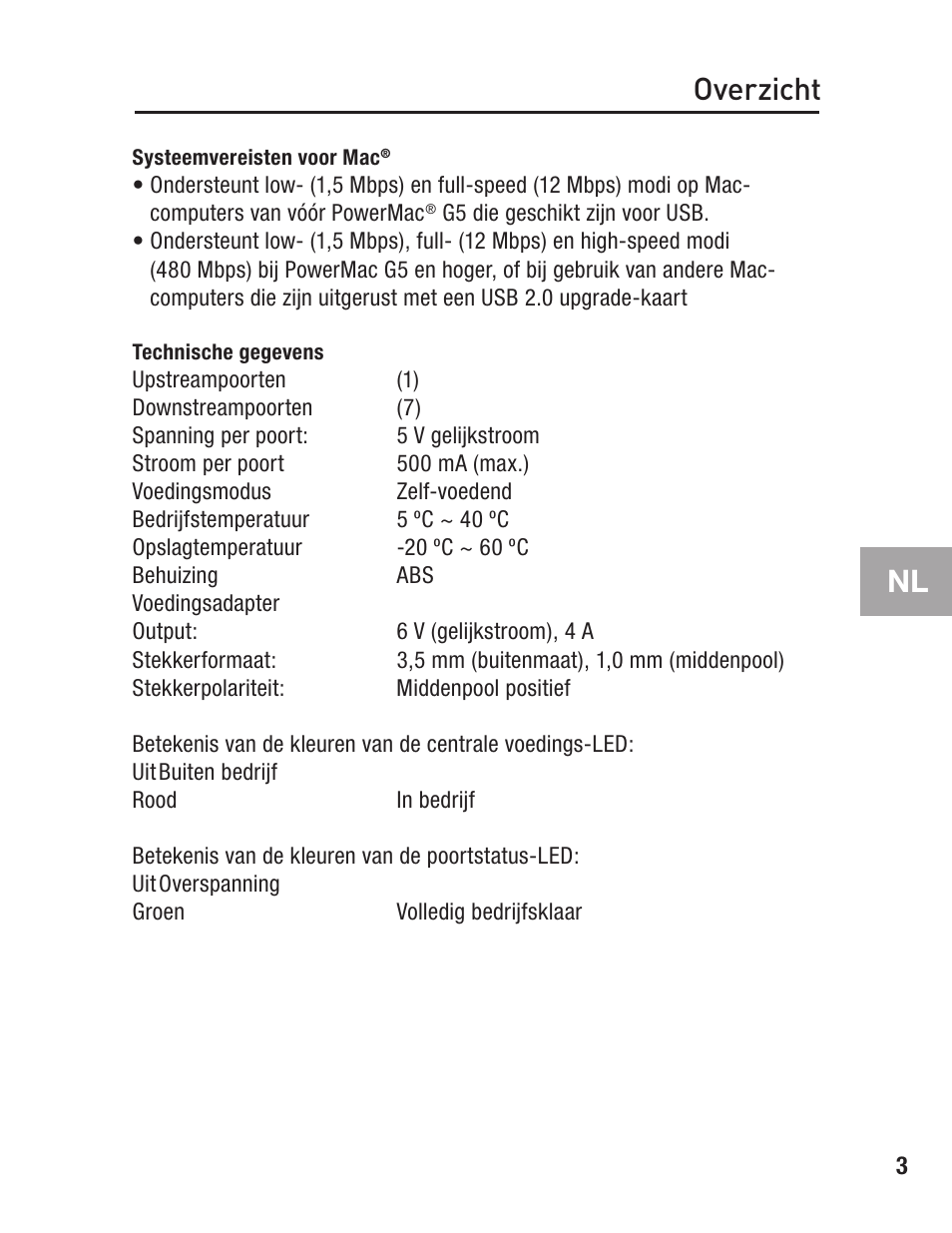 Systeemvereisten voor mac, Technische gegevens, Overzicht | Belkin F5U237 User Manual | Page 31 / 52