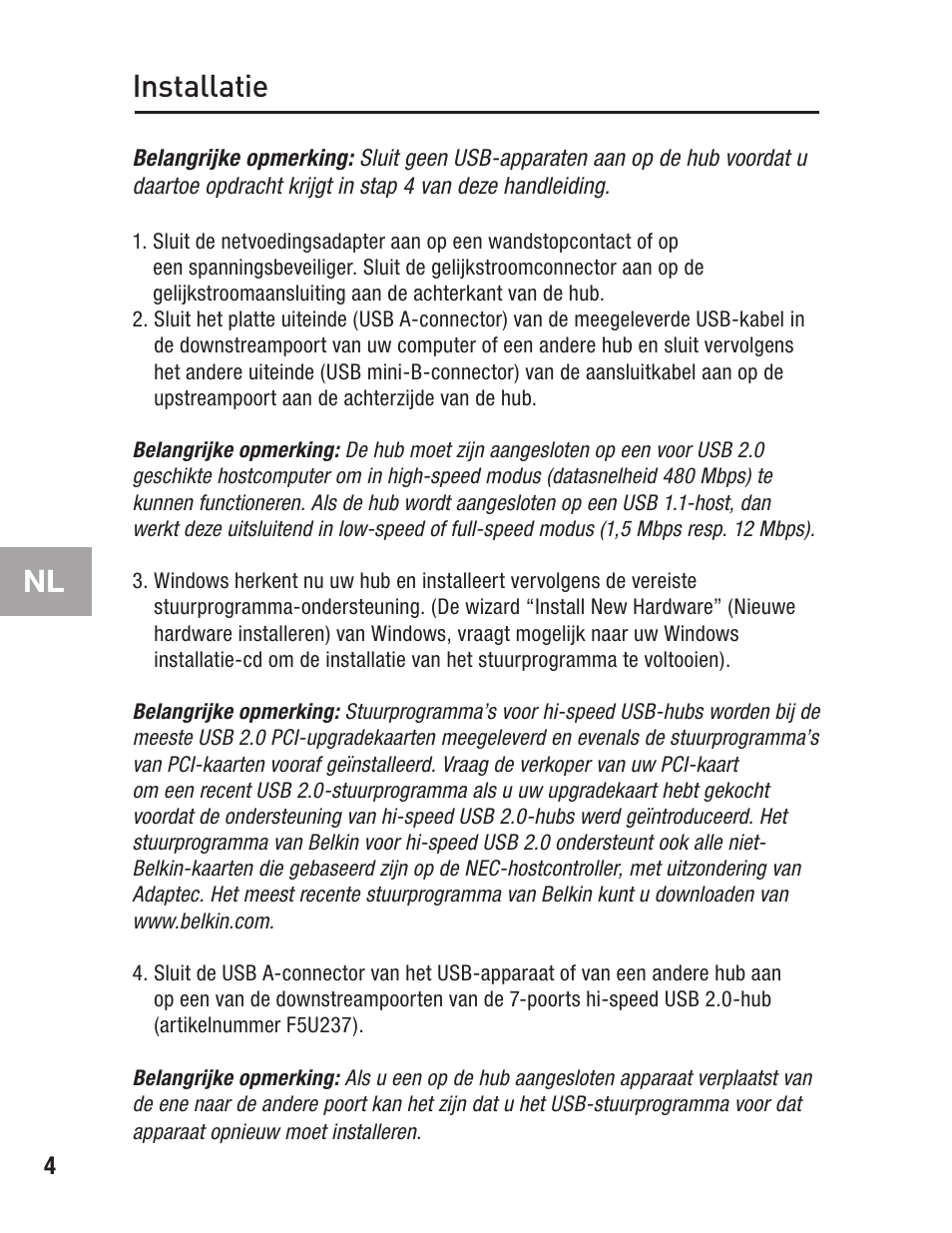 Installatie | Belkin F5U237 User Manual | Page 32 / 52