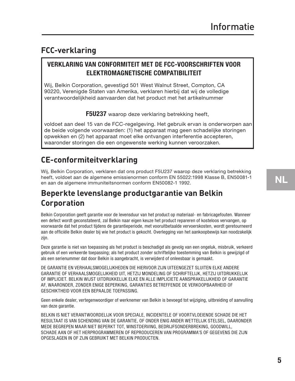 Informatie, Fcc-verklaring, Ce-conformiteitverklaring | Belkin F5U237 User Manual | Page 33 / 52