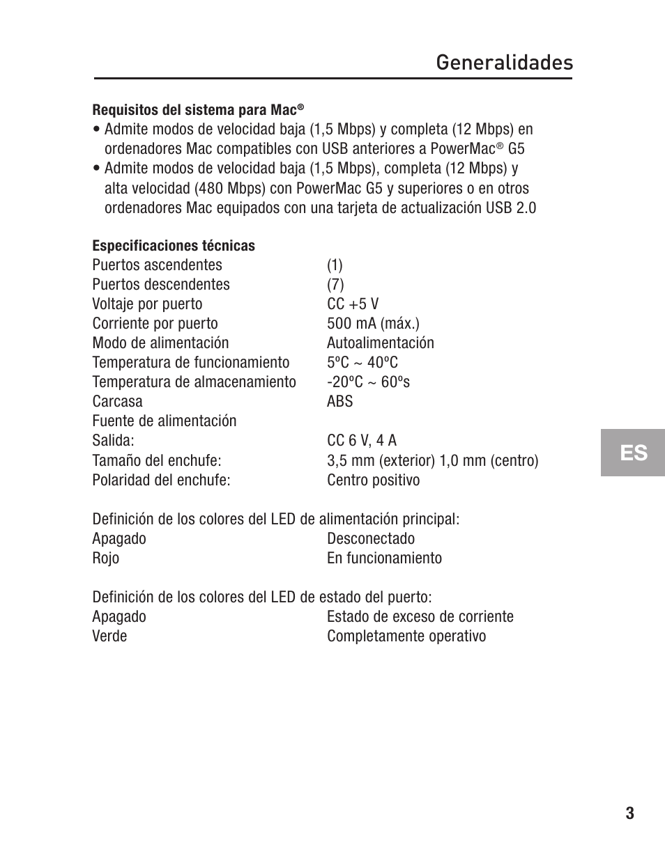 Requisitos del sistema para mac, Especificaciones técnicas, Generalidades | Belkin F5U237 User Manual | Page 39 / 52
