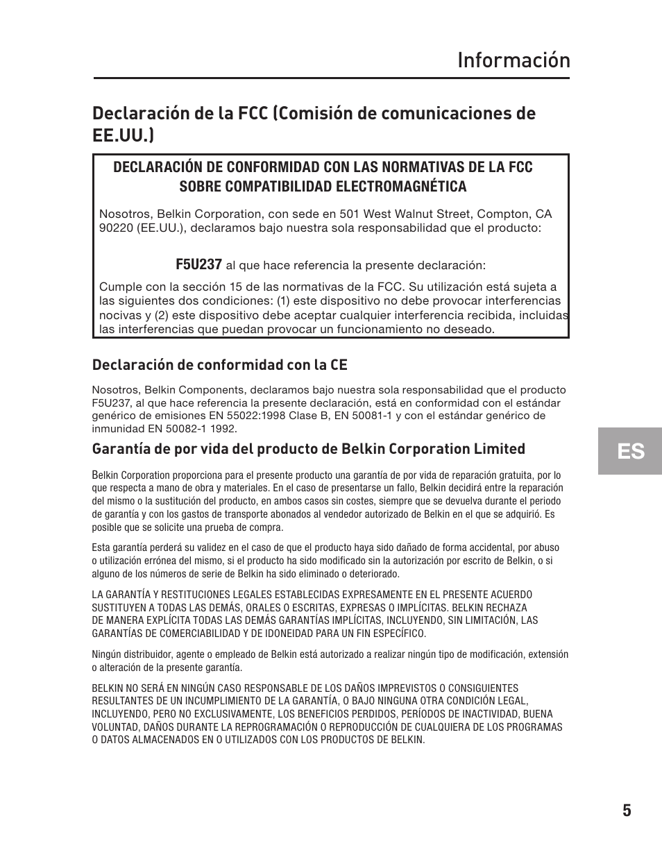 Información | Belkin F5U237 User Manual | Page 41 / 52