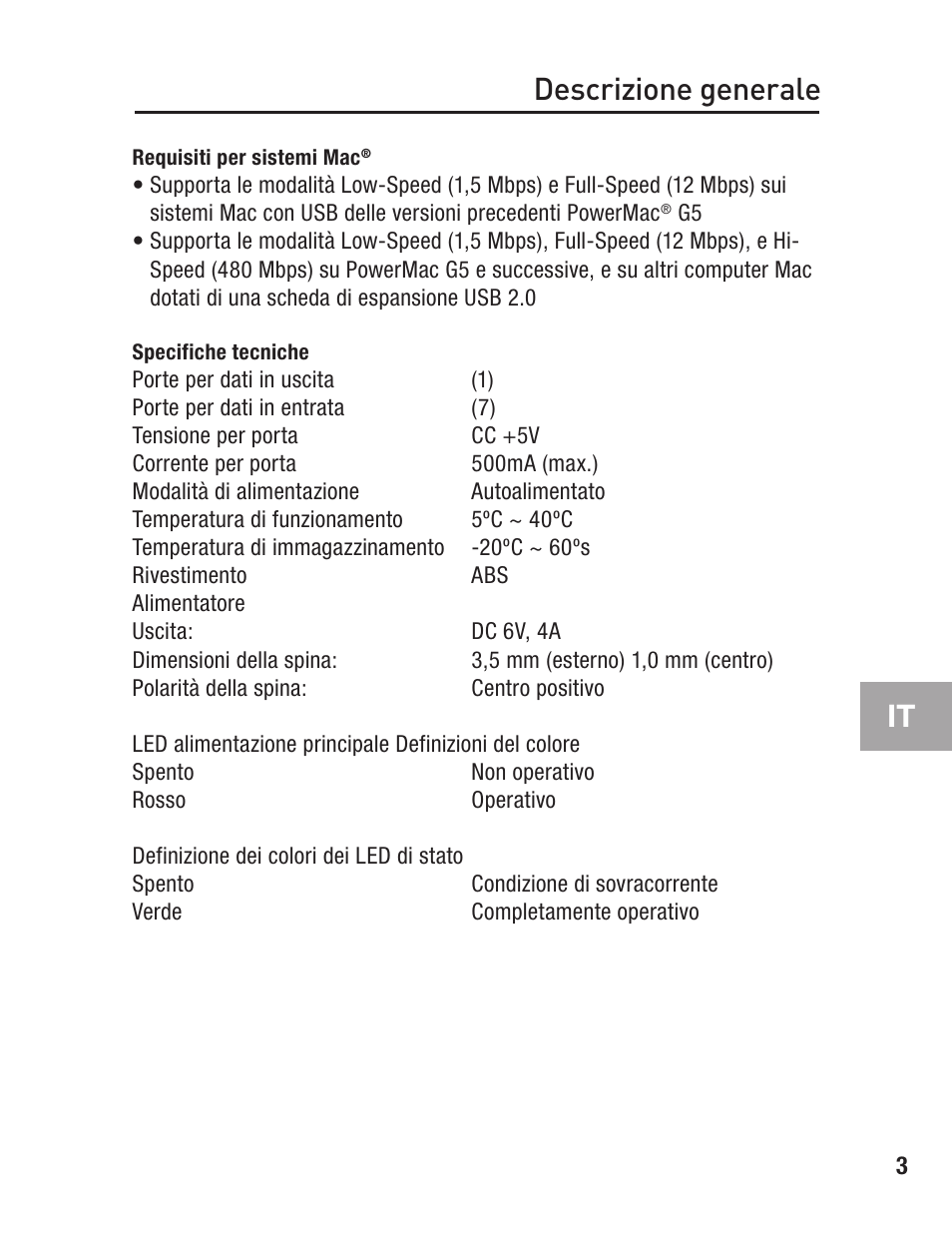 Requisiti per sistemi mac, Specifiche tecniche, Descrizione generale | Belkin F5U237 User Manual | Page 47 / 52