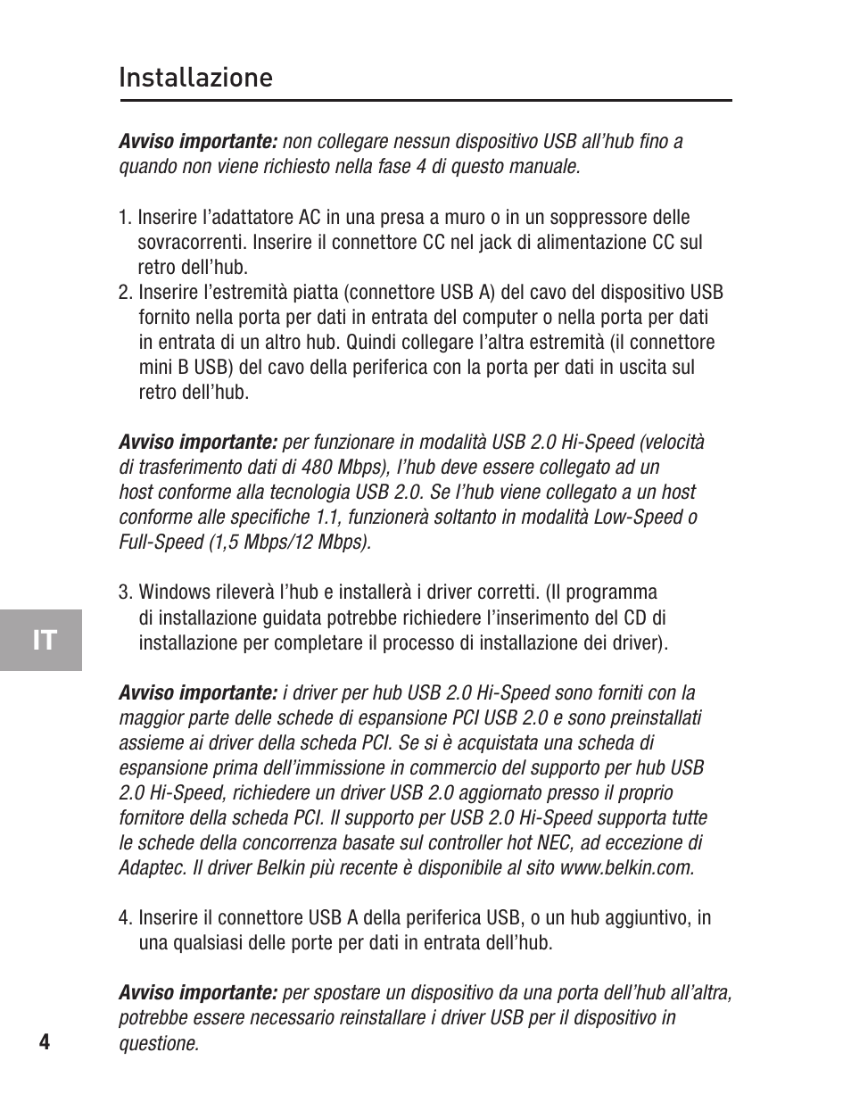Installazione | Belkin F5U237 User Manual | Page 48 / 52