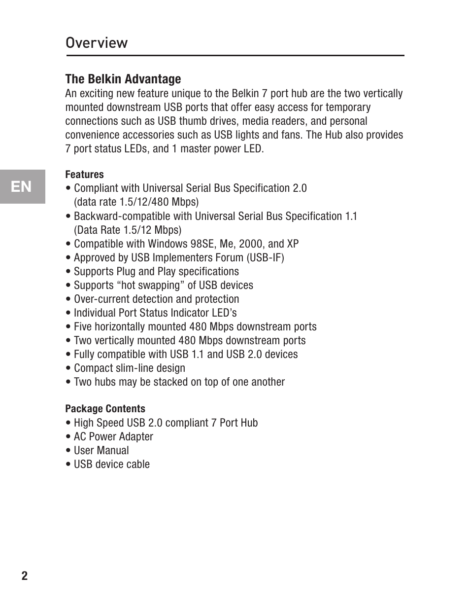 Overview, Features, Package contents | Belkin F5U237 User Manual | Page 6 / 52