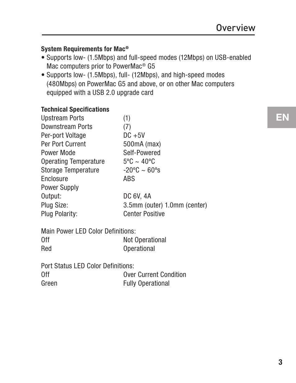 System requirements for mac, Technical specifications, Overview | Belkin F5U237 User Manual | Page 7 / 52