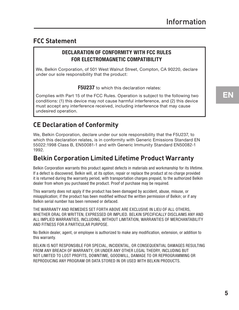 Information, Fcc statement, Ce declaration of conformity | Belkin F5U237 User Manual | Page 9 / 52