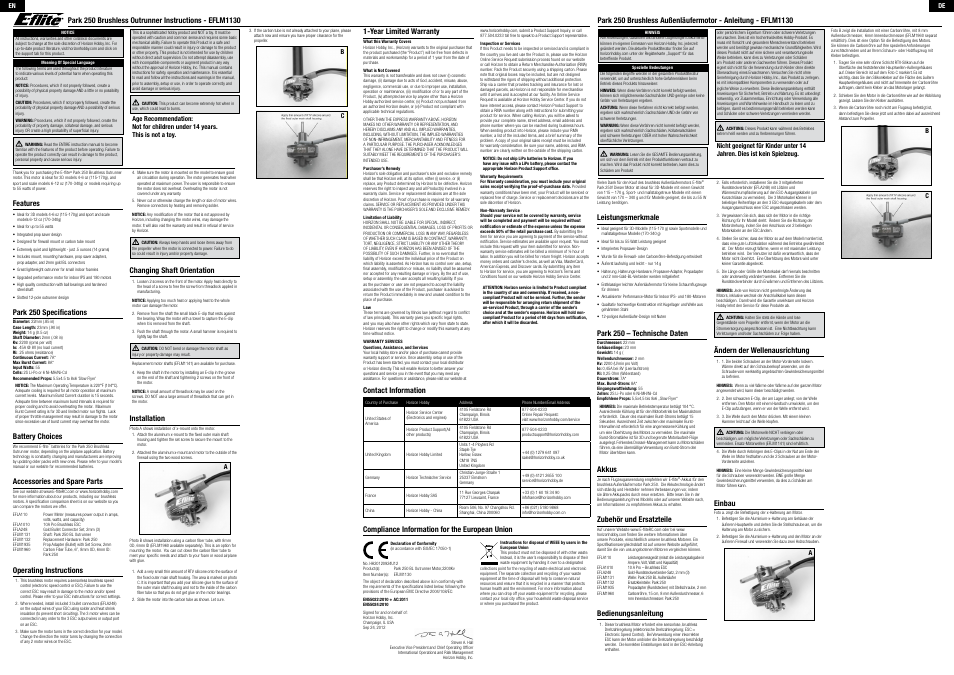 E-flite Park 250 Brushless Outrunner Motor 2200Kv User Manual | 3 pages