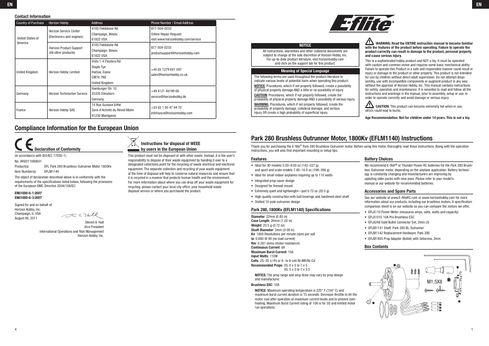E-flite Park 280 Brushless Outrunner Motor, 1800Kv User Manual | 8 pages