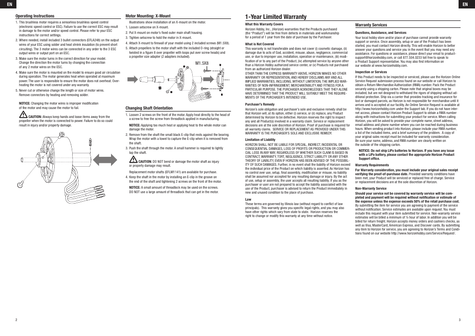 Year limited warranty | E-flite Park 280 Brushless Outrunner Motor, 1800Kv User Manual | Page 2 / 8